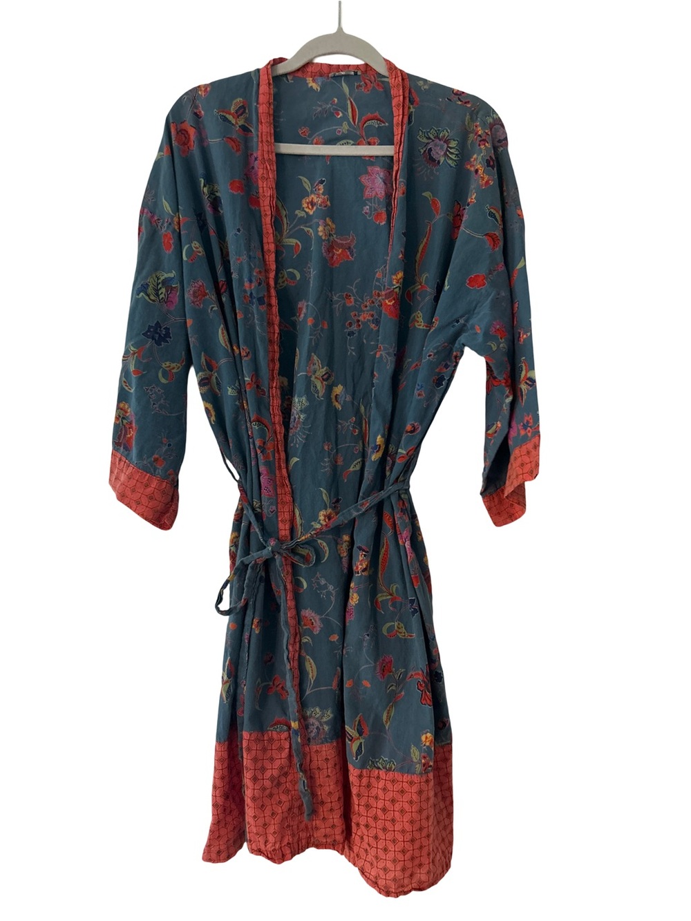 Handprint Cotton Floral Kimono Robe Boho Block Print Duster Belted Blue/Coral